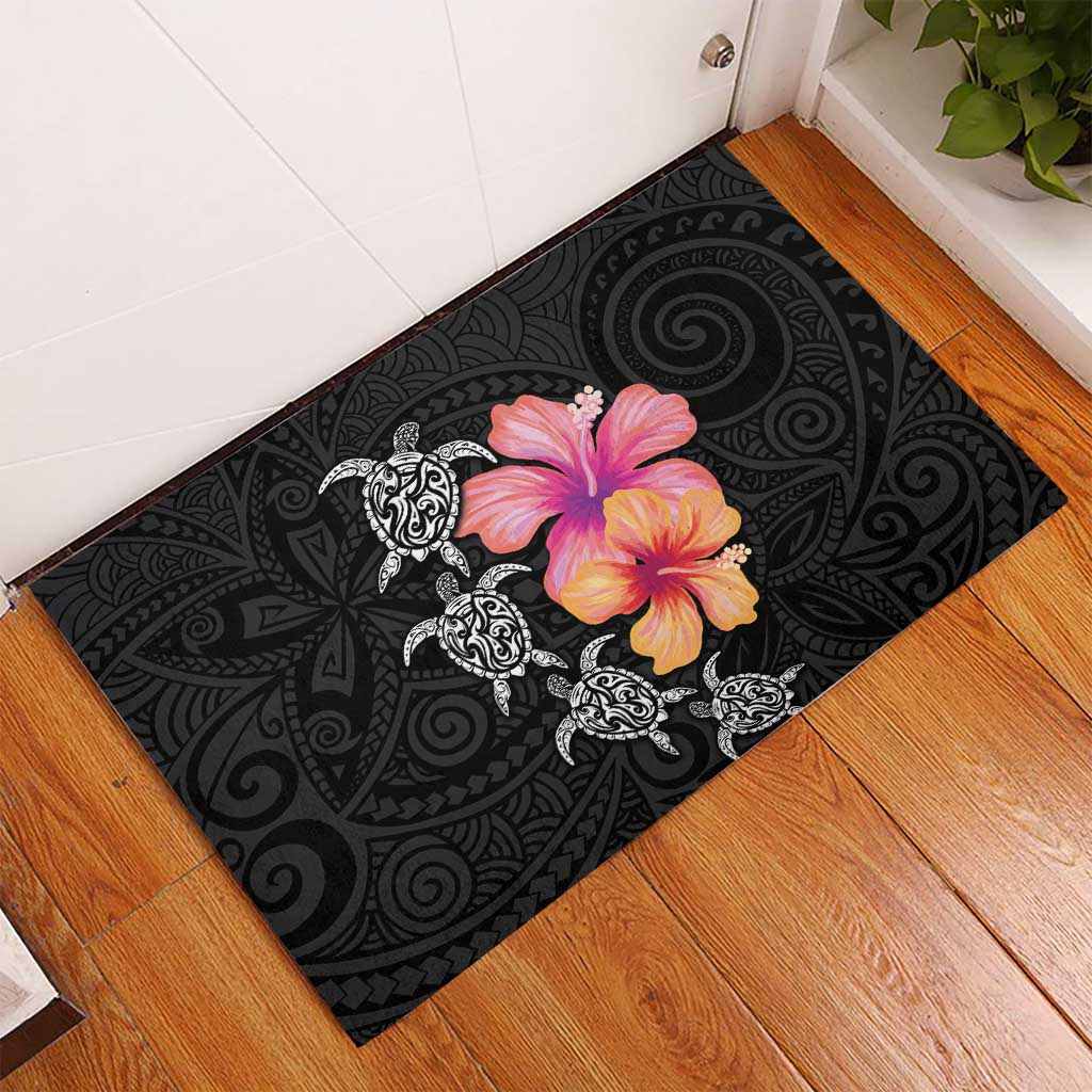 Hawaiian Hibiscus Turtle Tribal Polynesian Pattern Rubber Doormat Black Color LT03 - Polynesian Pride