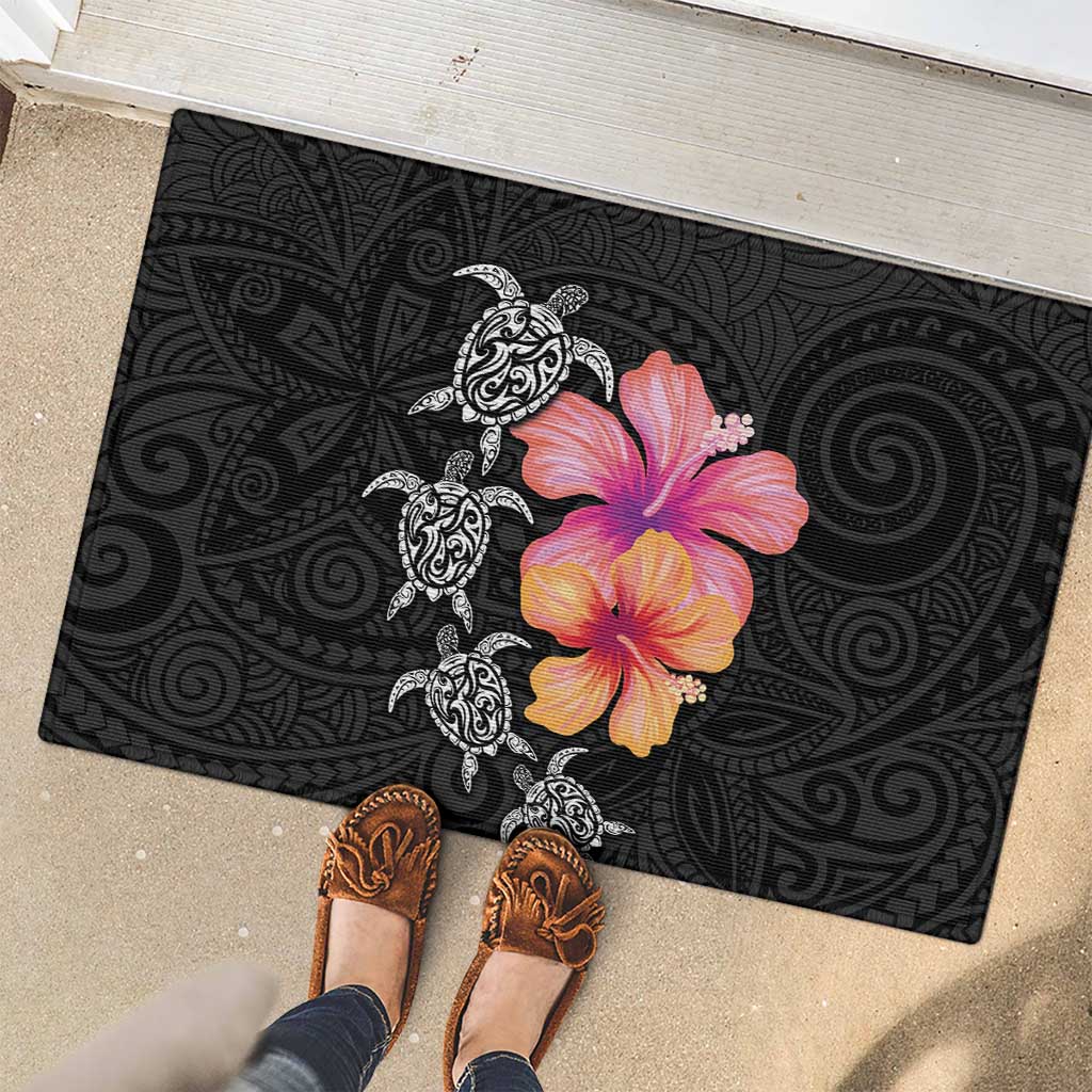 Hawaiian Hibiscus Turtle Tribal Polynesian Pattern Rubber Doormat Black Color LT03 - Polynesian Pride