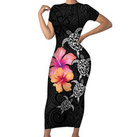 Hawaiian Hibiscus Turtle Tribal Polynesian Pattern Short Sleeve Bodycon Dress Black Color LT03 Long Dress Black - Polynesian Pride