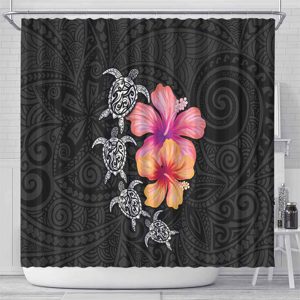 Hawaiian Hibiscus Turtle Tribal Polynesian Pattern Shower Curtain Black Color LT03 - Polynesian Pride