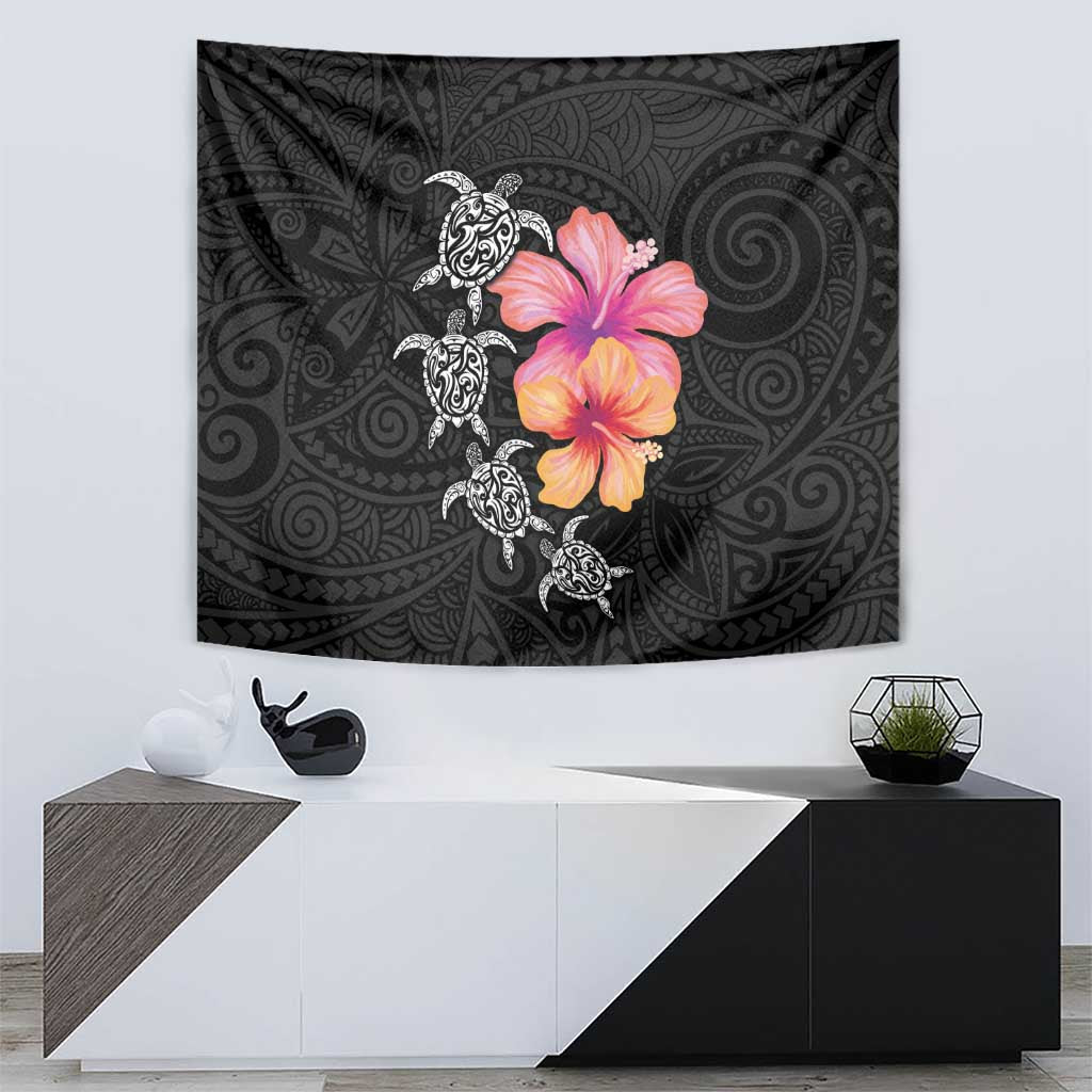 Hawaiian Hibiscus Turtle Tribal Polynesian Pattern Tapestry Black Color