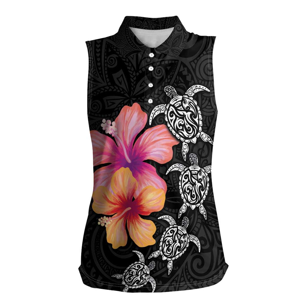 Hawaiian Hibiscus Turtle Tribal Polynesian Pattern Women Sleeveless Polo Shirt Black Color LT03 Female Black - Polynesian Pride