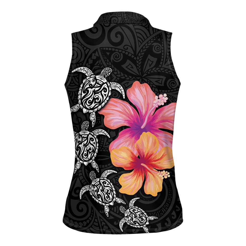 Hawaiian Hibiscus Turtle Tribal Polynesian Pattern Women Sleeveless Polo Shirt Black Color LT03 - Polynesian Pride