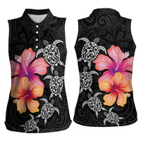Hawaiian Hibiscus Turtle Tribal Polynesian Pattern Women Sleeveless Polo Shirt Black Color LT03 - Polynesian Pride