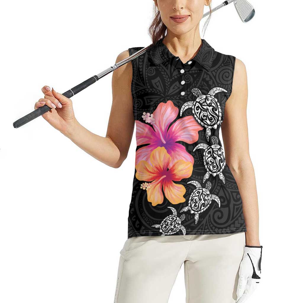 Hawaiian Hibiscus Turtle Tribal Polynesian Pattern Women Sleeveless Polo Shirt Black Color LT03 - Polynesian Pride