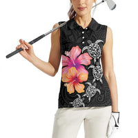 Hawaiian Hibiscus Turtle Tribal Polynesian Pattern Women Sleeveless Polo Shirt Black Color LT03 - Polynesian Pride