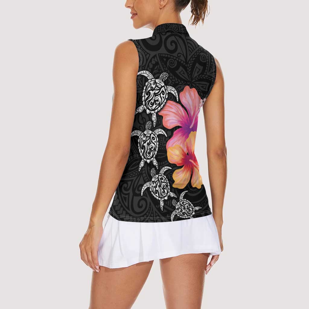 Hawaiian Hibiscus Turtle Tribal Polynesian Pattern Women Sleeveless Polo Shirt Black Color LT03 - Polynesian Pride