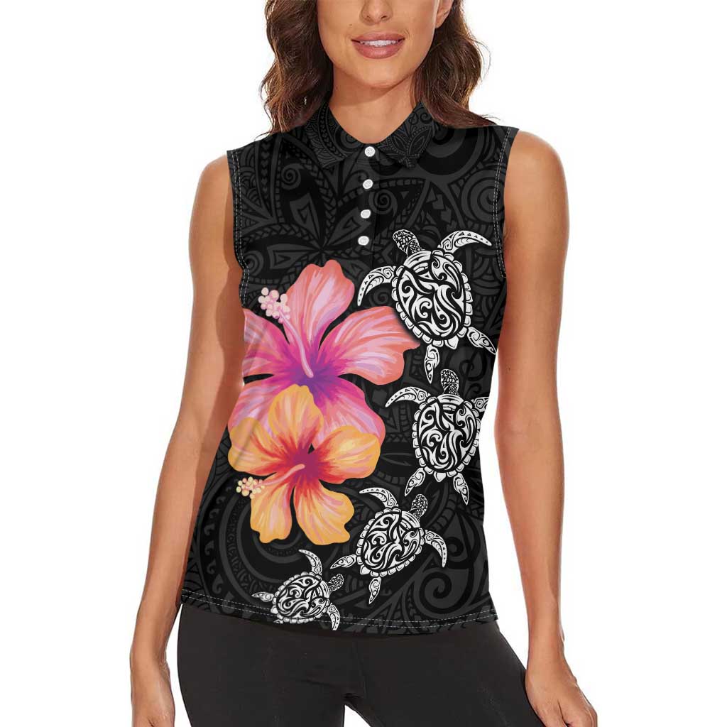 Hawaiian Hibiscus Turtle Tribal Polynesian Pattern Women Sleeveless Polo Shirt Black Color LT03 - Polynesian Pride