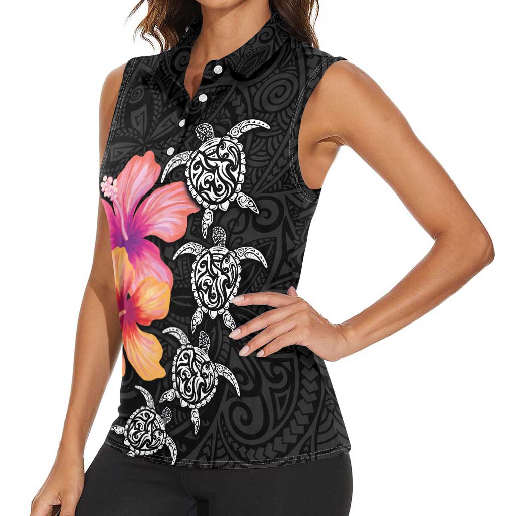 Hawaiian Hibiscus Turtle Tribal Polynesian Pattern Women Sleeveless Polo Shirt Black Color LT03 - Polynesian Pride