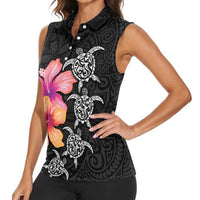 Hawaiian Hibiscus Turtle Tribal Polynesian Pattern Women Sleeveless Polo Shirt Black Color LT03 - Polynesian Pride
