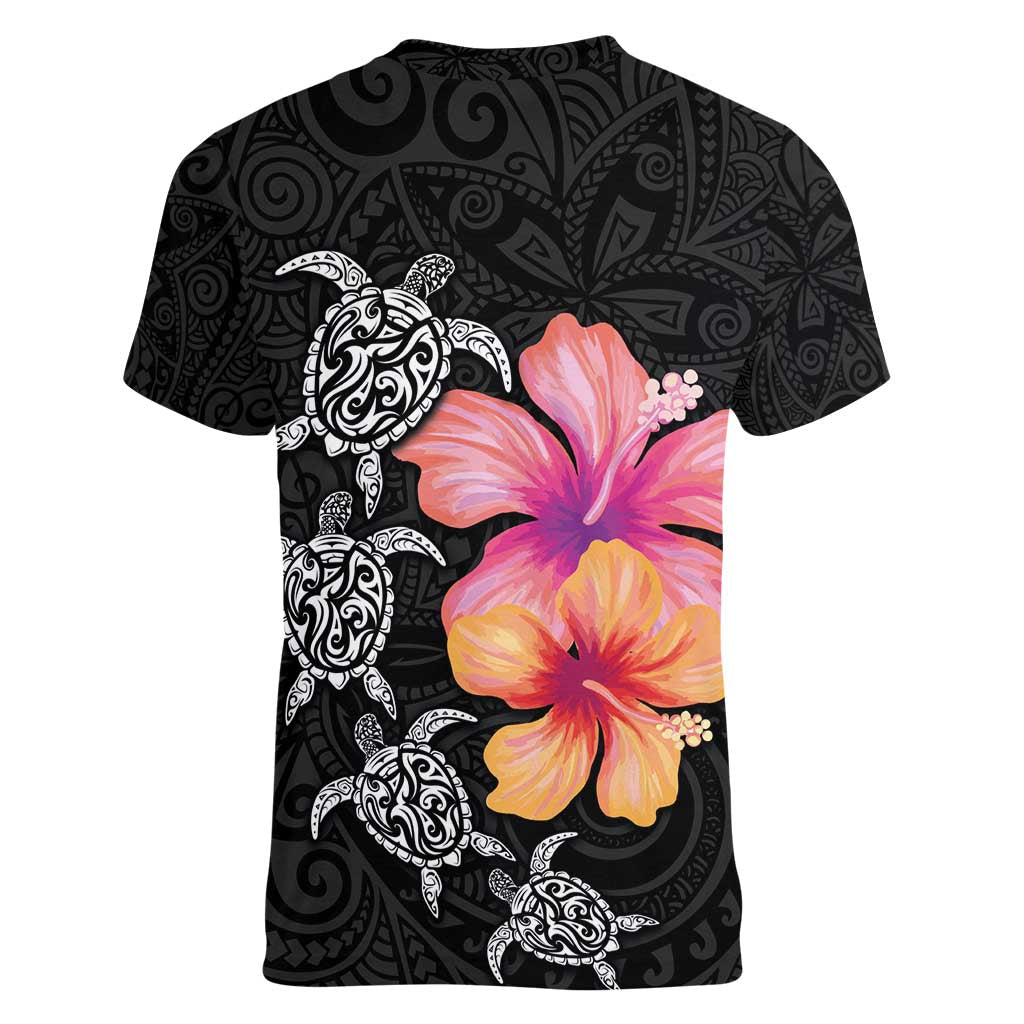 Hawaiian Hibiscus Turtle Tribal Polynesian Pattern Women V-Neck T-Shirt Black Color
