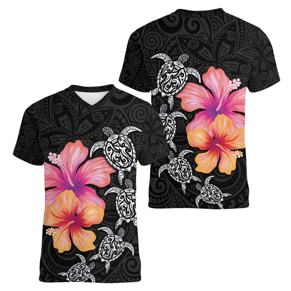 Hawaiian Hibiscus Turtle Tribal Polynesian Pattern Women V-Neck T-Shirt Black Color