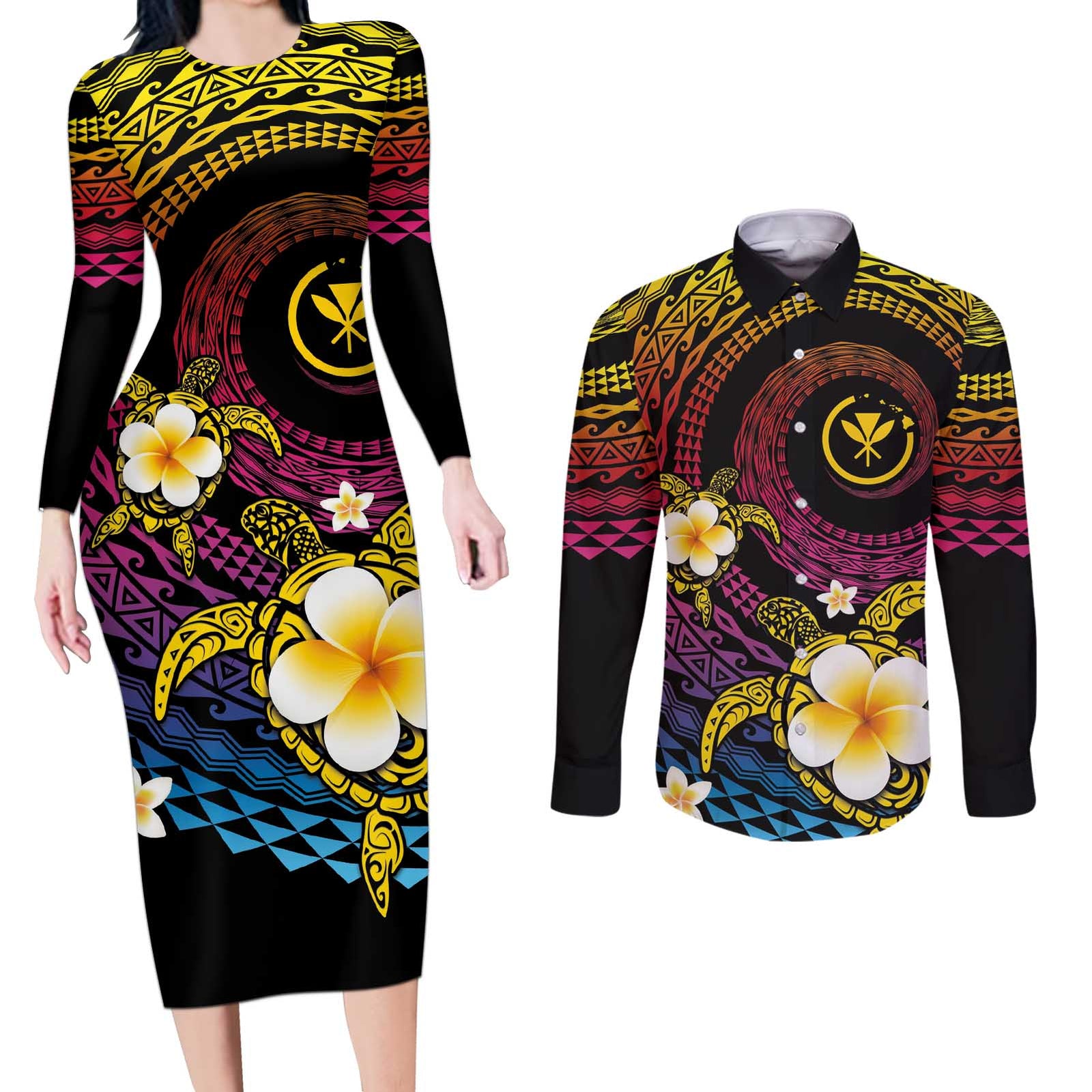 Hawaiian Plumeria Turtle Tribal Spiral Polynesian Tattoo Couples Matching Long Sleeve Bodycon Dress and Long Sleeve Button Shirt Fanciful Color LT03 Gradient - Polynesian Pride