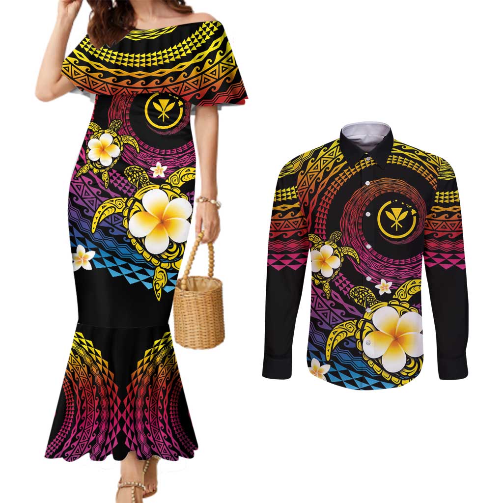 Hawaiian Plumeria Turtle Tribal Spiral Polynesian Tattoo Couples Matching Mermaid Dress and Long Sleeve Button Shirt Fanciful Color