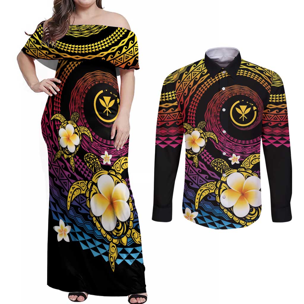 Hawaiian Plumeria Turtle Tribal Spiral Polynesian Tattoo Couples Matching Off Shoulder Maxi Dress and Long Sleeve Button Shirt Fanciful Color