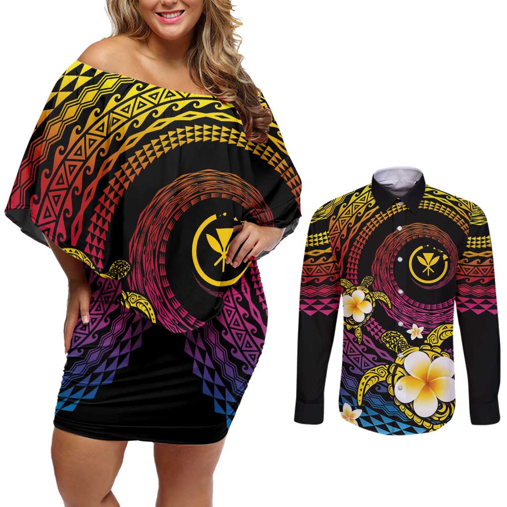 Hawaiian Plumeria Turtle Tribal Spiral Polynesian Tattoo Couples Matching Off Shoulder Short Dress and Long Sleeve Button Shirt Fanciful Color
