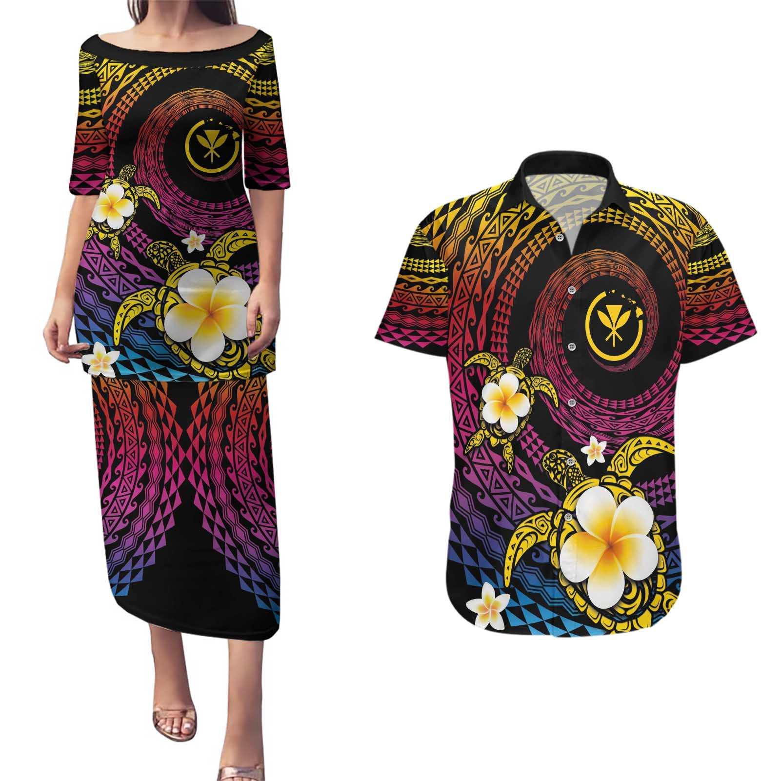 Hawaiian Plumeria Turtle Tribal Spiral Polynesian Tattoo Couples Matching Puletasi and Hawaiian Shirt Fanciful Color