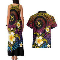 Hawaiian Plumeria Turtle Tribal Spiral Polynesian Tattoo Couples Matching Tank Maxi Dress and Hawaiian Shirt Fanciful Color