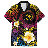 Hawaiian Plumeria Turtle Tribal Spiral Polynesian Tattoo Family Matching Off The Shoulder Long Sleeve Dress and Hawaiian Shirt Fanciful Color LT03 Dad's Shirt - Short Sleeve Gradient - Polynesian Pride