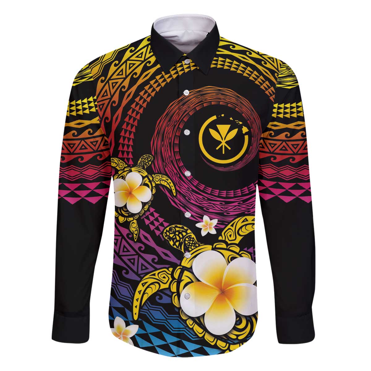 Hawaiian Plumeria Turtle Tribal Spiral Polynesian Tattoo Family Matching Off The Shoulder Long Sleeve Dress and Hawaiian Shirt Fanciful Color LT03 Dad's Shirt - Long Sleeve Gradient - Polynesian Pride