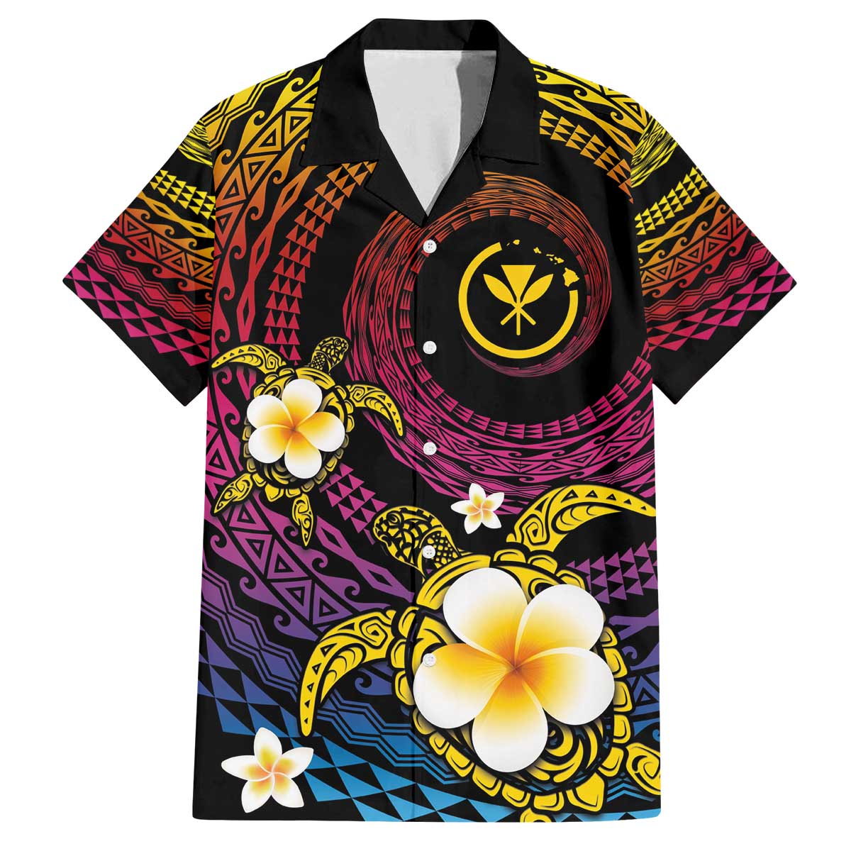 Hawaiian Plumeria Turtle Tribal Spiral Polynesian Tattoo Family Matching Off Shoulder Short Dress and Hawaiian Shirt Fanciful Color LT03 Dad's Shirt - Short Sleeve Gradient - Polynesian Pride
