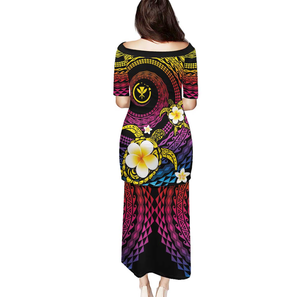 Hawaiian Plumeria Turtle Tribal Spiral Polynesian Tattoo Family Matching Puletasi and Hawaiian Shirt Fanciful Color