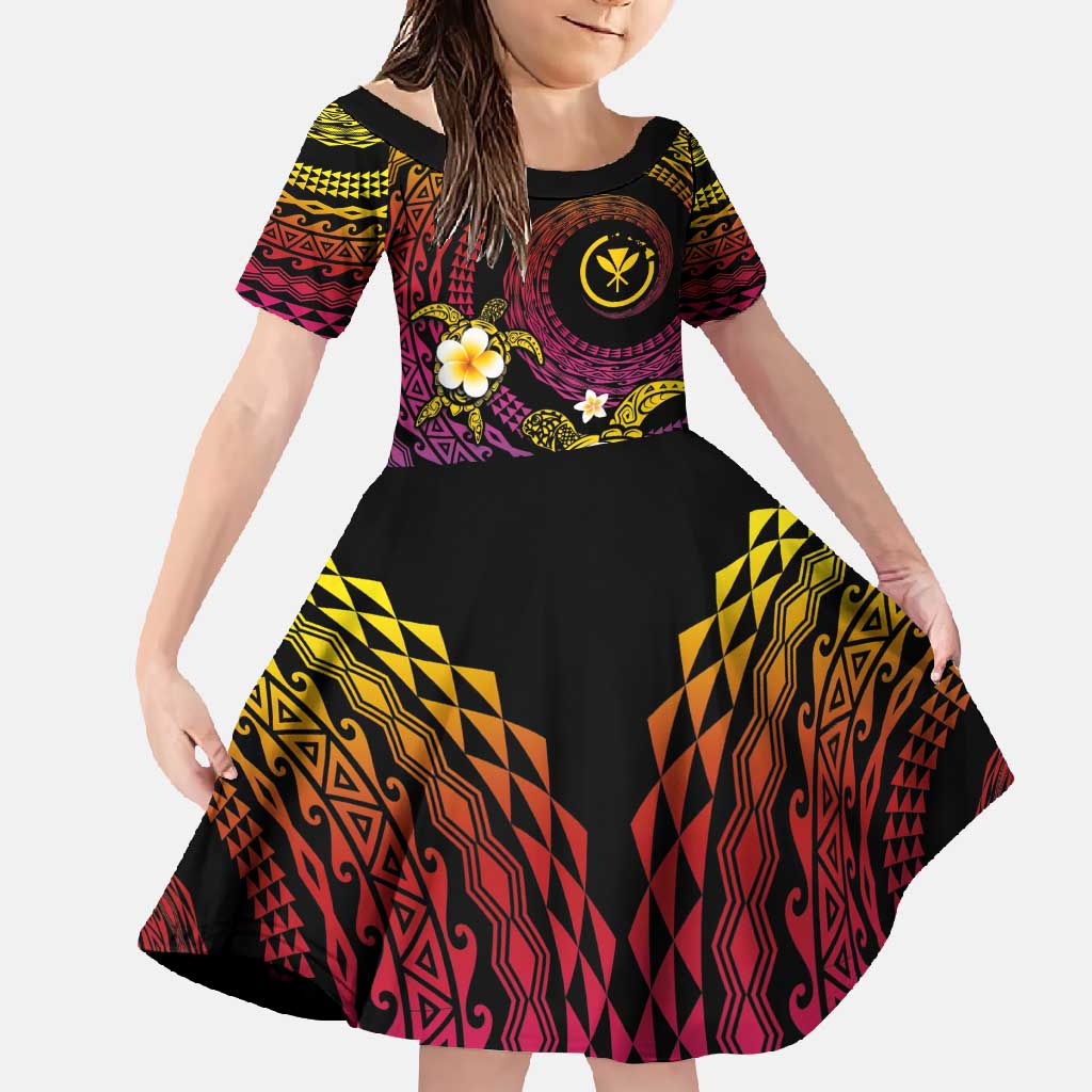 Hawaiian Plumeria Turtle Tribal Spiral Polynesian Tattoo Family Matching Tank Maxi Dress and Hawaiian Shirt Fanciful Color LT03 Daughter's Dress Gradient - Polynesian Pride