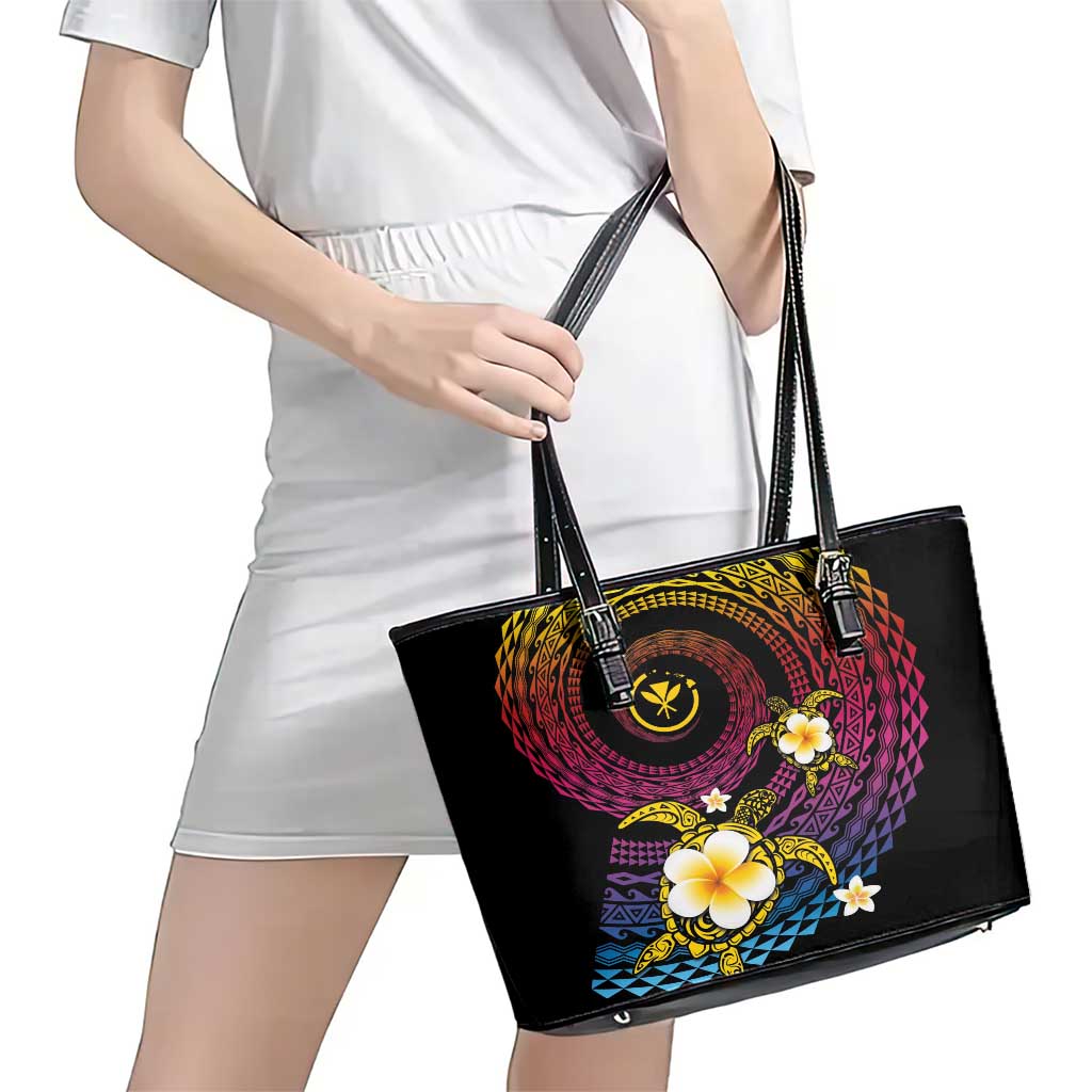 Hawaiian Plumeria Turtle Tribal Spiral Polynesian Tattoo Leather Tote Bag Fanciful Color