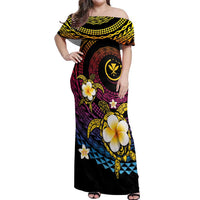 Hawaiian Plumeria Turtle Tribal Spiral Polynesian Tattoo Off Shoulder Maxi Dress Fanciful Color