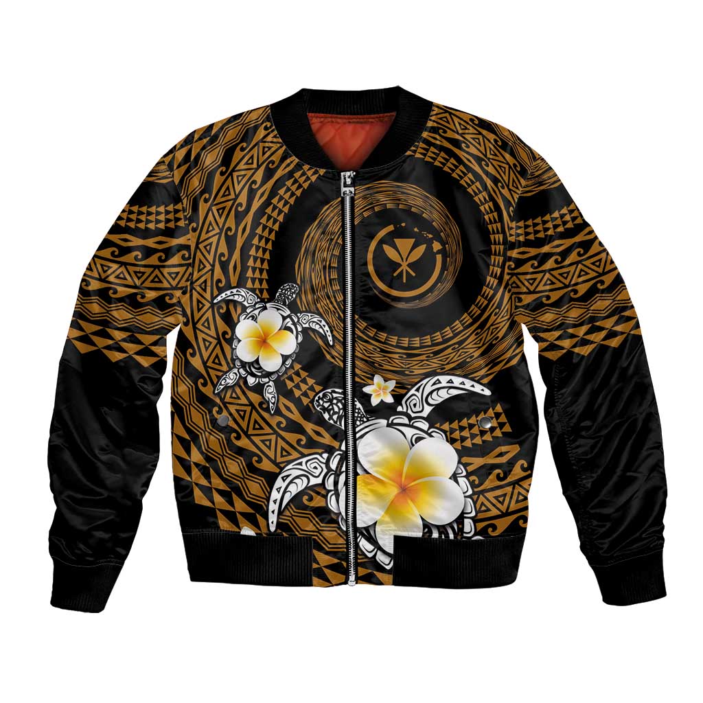 Hawaiian Plumeria Turtle Tribal Spiral Polynesian Tattoo Bomber Jacket Gold Color LT03 Unisex Gold - Polynesian Pride