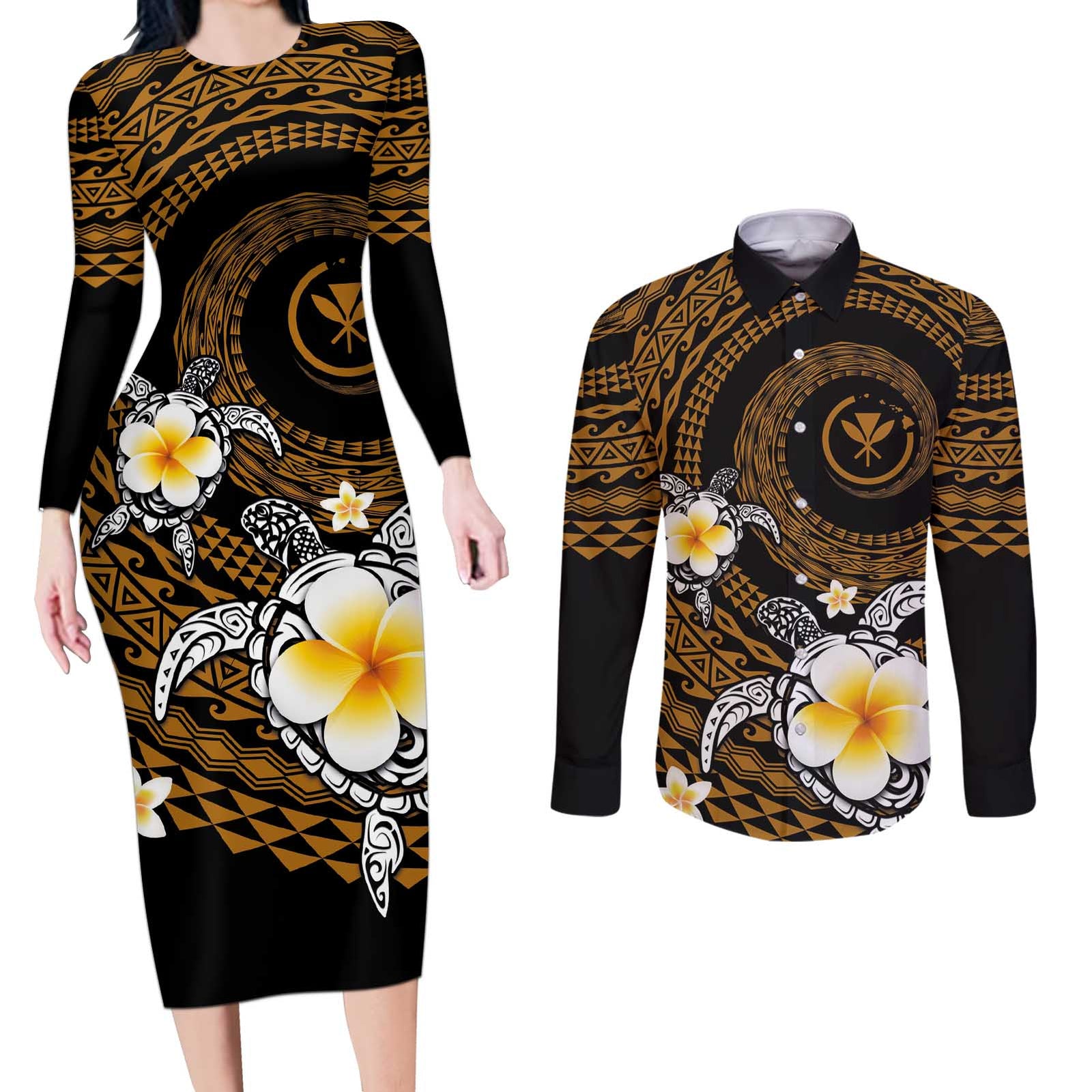 Hawaiian Plumeria Turtle Tribal Spiral Polynesian Tattoo Couples Matching Long Sleeve Bodycon Dress and Long Sleeve Button Shirt Gold Color LT03 Gold - Polynesian Pride