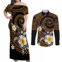 Hawaiian Plumeria Turtle Tribal Spiral Polynesian Tattoo Couples Matching Off Shoulder Maxi Dress and Long Sleeve Button Shirt Gold Color