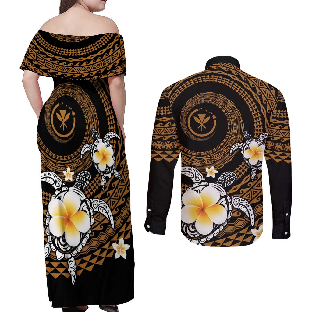 Hawaiian Plumeria Turtle Tribal Spiral Polynesian Tattoo Couples Matching Off Shoulder Maxi Dress and Long Sleeve Button Shirt Gold Color