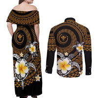 Hawaiian Plumeria Turtle Tribal Spiral Polynesian Tattoo Couples Matching Off Shoulder Maxi Dress and Long Sleeve Button Shirt Gold Color