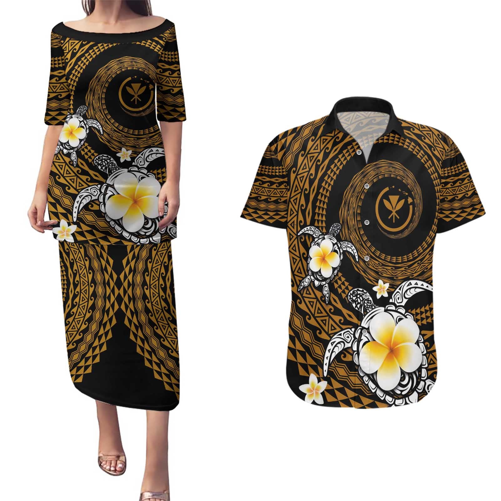 Hawaiian Plumeria Turtle Tribal Spiral Polynesian Tattoo Couples Matching Puletasi and Hawaiian Shirt Gold Color