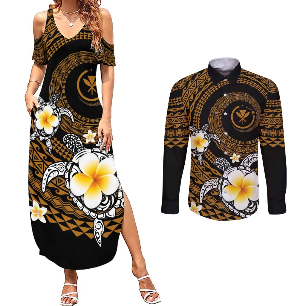 Hawaiian Plumeria Turtle Tribal Spiral Polynesian Tattoo Couples Matching Summer Maxi Dress and Long Sleeve Button Shirt Gold Color LT03 Gold - Polynesian Pride