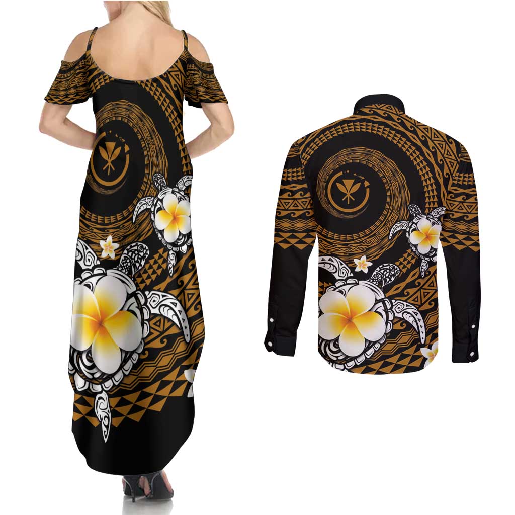 Hawaiian Plumeria Turtle Tribal Spiral Polynesian Tattoo Couples Matching Summer Maxi Dress and Long Sleeve Button Shirt Gold Color