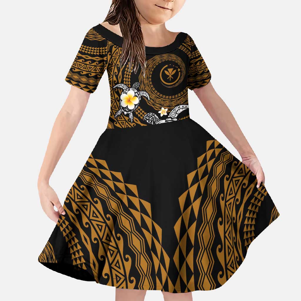 Hawaiian Plumeria Turtle Tribal Spiral Polynesian Tattoo Family Matching Long Sleeve Bodycon Dress and Hawaiian Shirt Gold Color LT03 Daughter's Dress Gold - Polynesian Pride