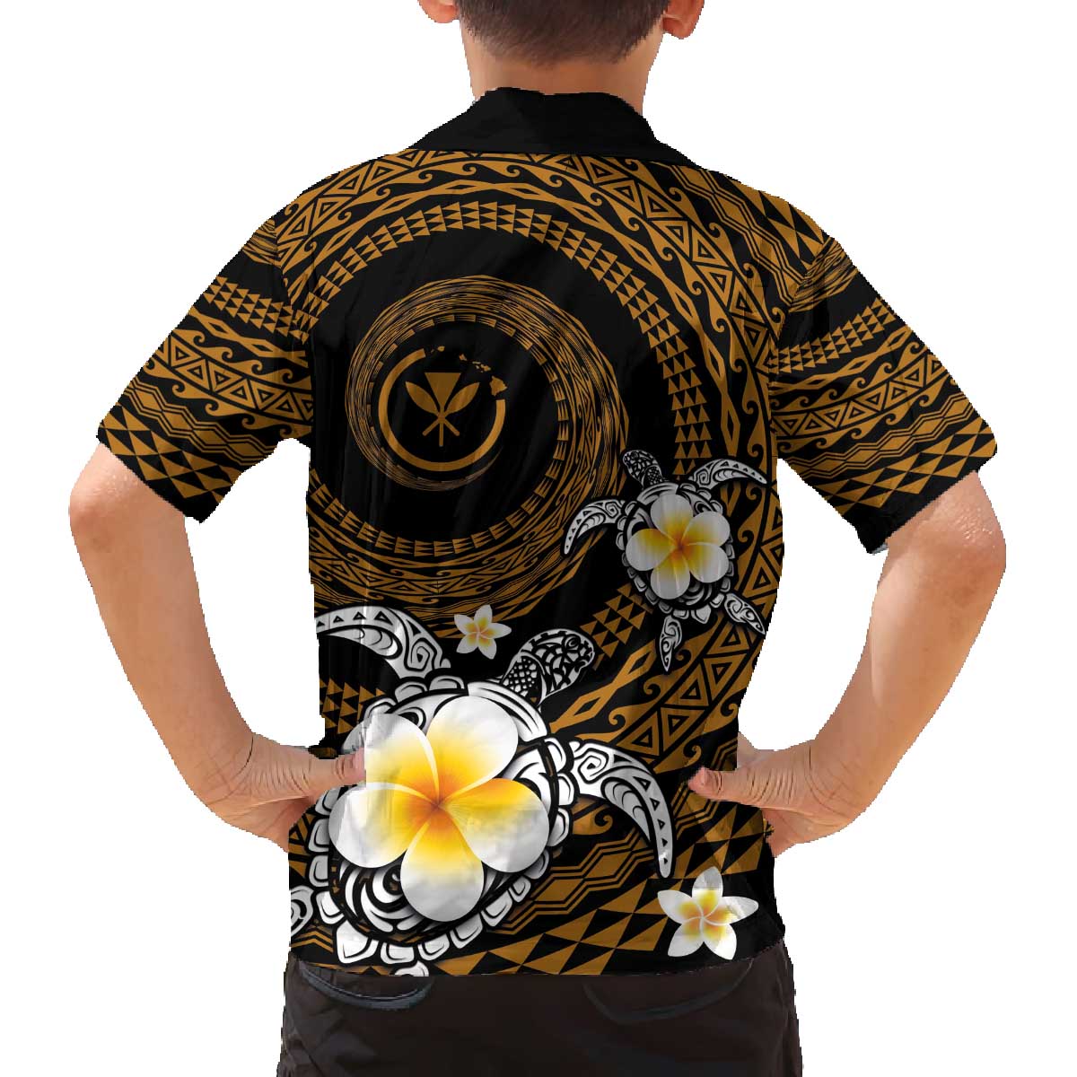 Hawaiian Plumeria Turtle Tribal Spiral Polynesian Tattoo Family Matching Off The Shoulder Long Sleeve Dress and Hawaiian Shirt Gold Color LT03 - Polynesian Pride