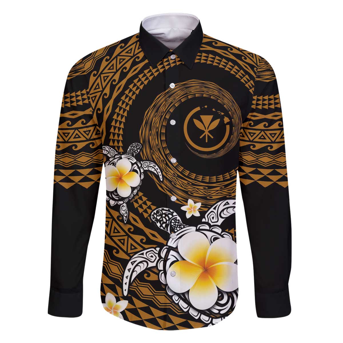 Hawaiian Plumeria Turtle Tribal Spiral Polynesian Tattoo Family Matching Off The Shoulder Long Sleeve Dress and Hawaiian Shirt Gold Color LT03 Dad's Shirt - Long Sleeve Gold - Polynesian Pride