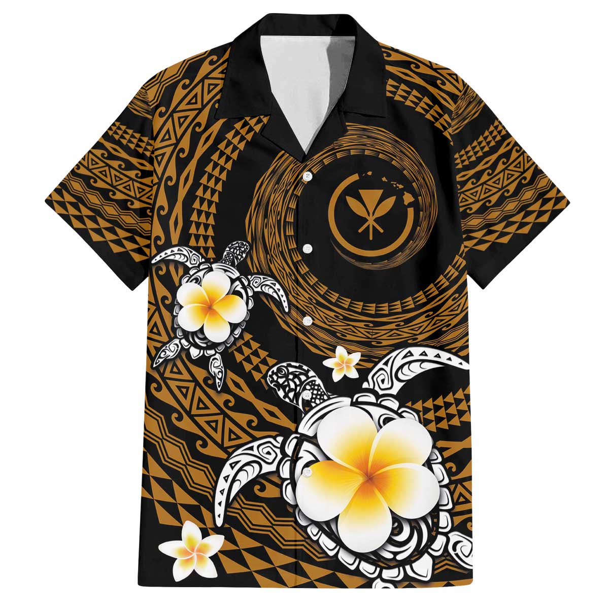 Hawaiian Plumeria Turtle Tribal Spiral Polynesian Tattoo Family Matching Off Shoulder Short Dress and Hawaiian Shirt Gold Color LT03 Dad's Shirt - Short Sleeve Gold - Polynesian Pride