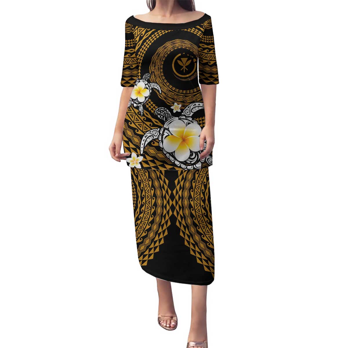 Hawaiian Plumeria Turtle Tribal Spiral Polynesian Tattoo Family Matching Puletasi and Hawaiian Shirt Gold Color