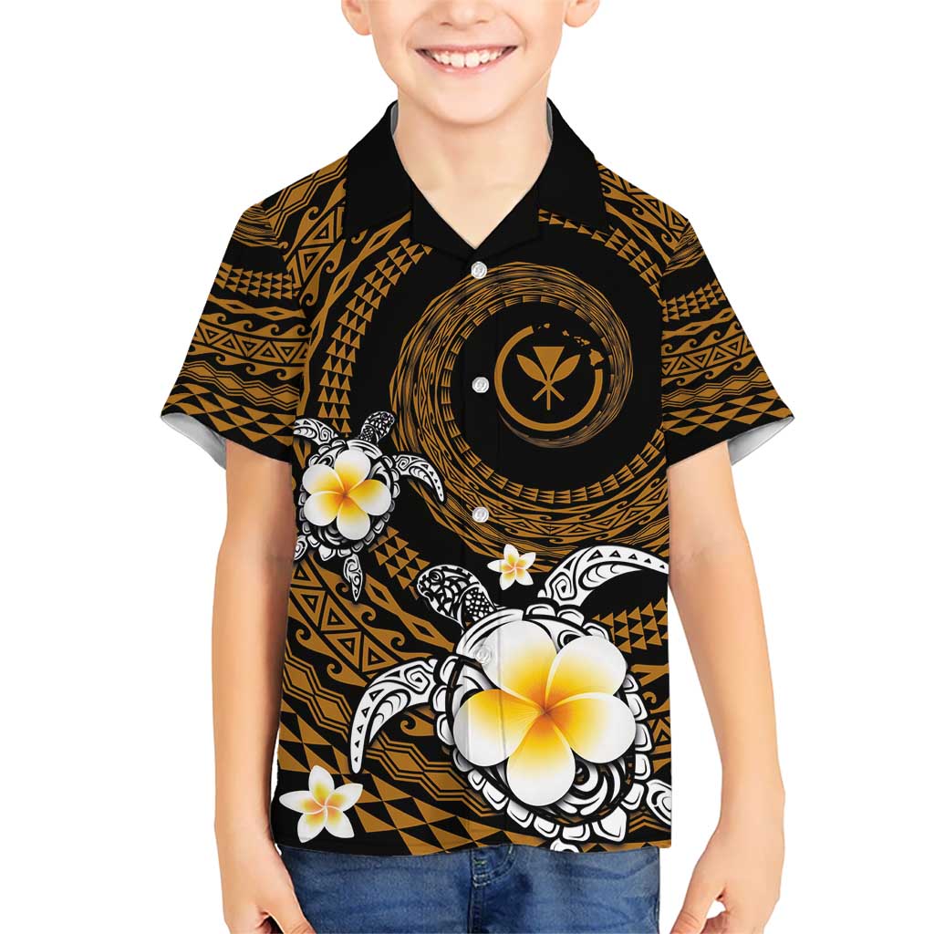 Hawaiian Plumeria Turtle Tribal Spiral Polynesian Tattoo Kid Hawaiian Shirt Gold Color