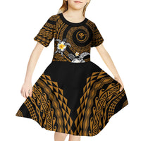Hawaiian Plumeria Turtle Tribal Spiral Polynesian Tattoo Kid Short Sleeve Dress Gold Color