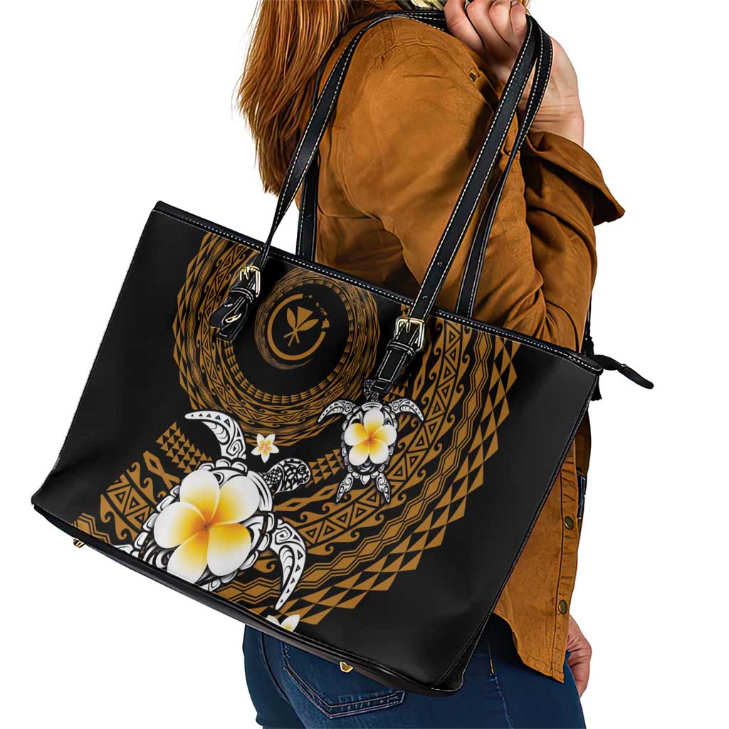 Hawaiian Plumeria Turtle Tribal Spiral Polynesian Tattoo Leather Tote Bag Gold Color