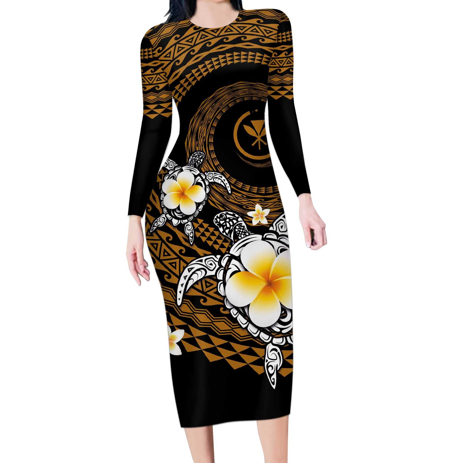 Hawaiian Plumeria Turtle Tribal Spiral Polynesian Tattoo Long Sleeve Bodycon Dress Gold Color