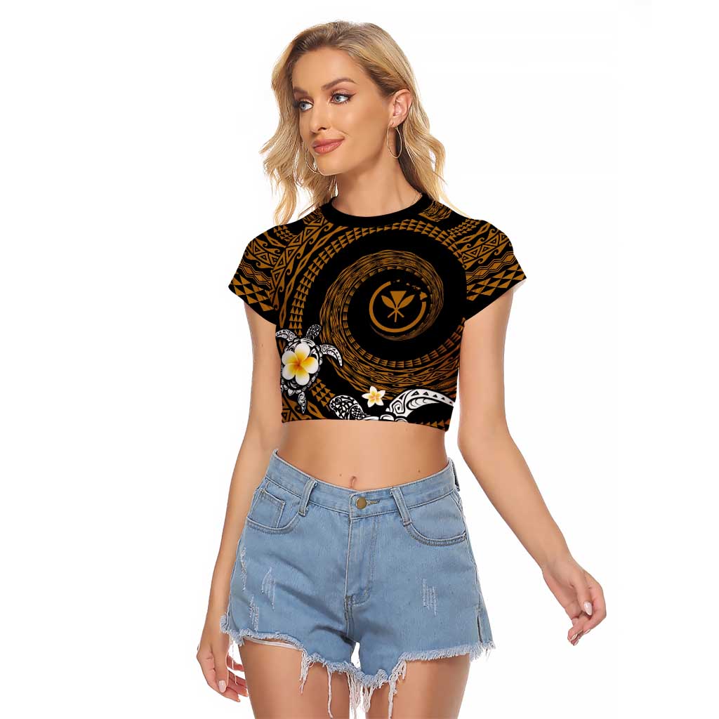 Hawaiian Plumeria Turtle Tribal Spiral Polynesian Tattoo Raglan Cropped T Shirt Gold Color LT03 Female Gold - Polynesian Pride
