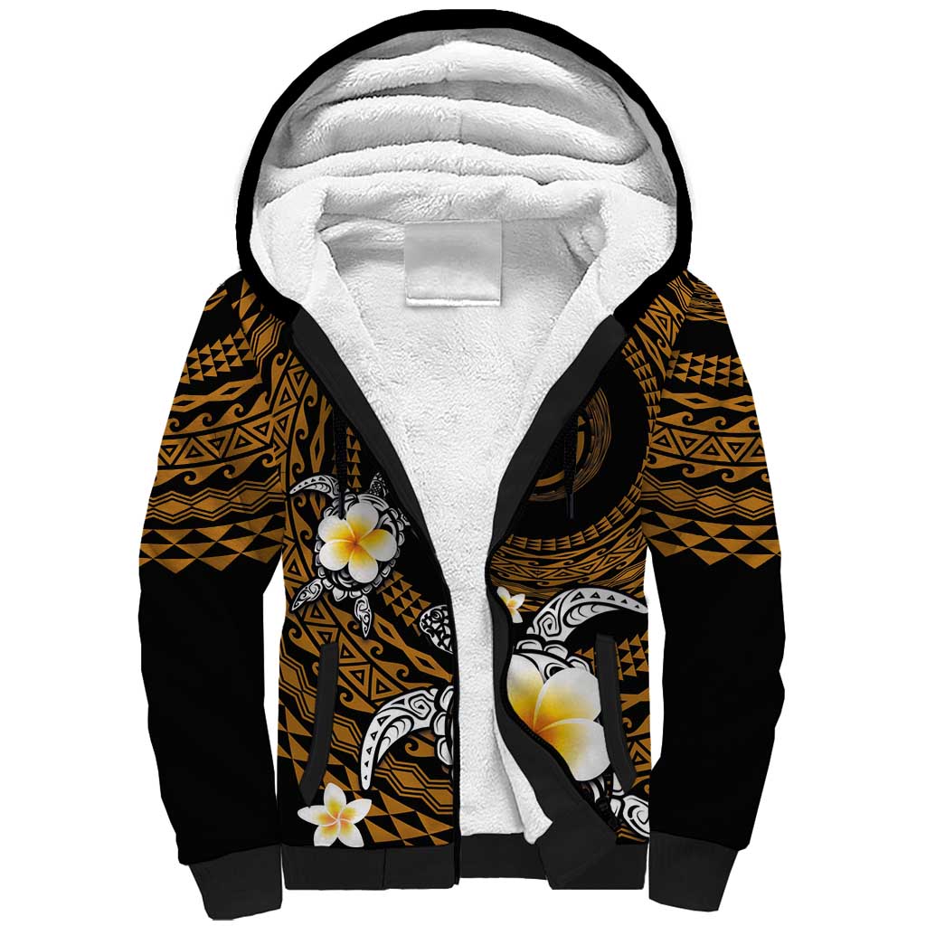 Hawaiian Plumeria Turtle Tribal Spiral Polynesian Tattoo Sherpa Hoodie Gold Color