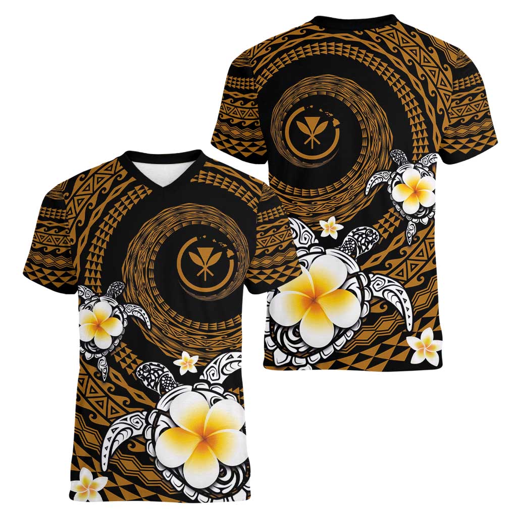 Hawaiian Plumeria Turtle Tribal Spiral Polynesian Tattoo Women V-Neck T-Shirt Gold Color