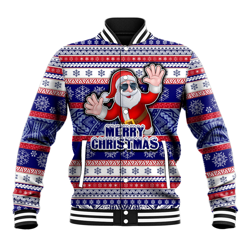 Custom American Samoa Christmas Baseball Jacket Samoan Coat of Arms and Cool Santa Ornament Style LT03 Unisex Blue - Polynesian Pride